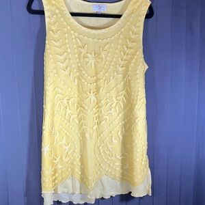 NWOT Gorgeous Bright Yellow Sheer Sleeveless Lined Blouse w/ Embroidery & Lace